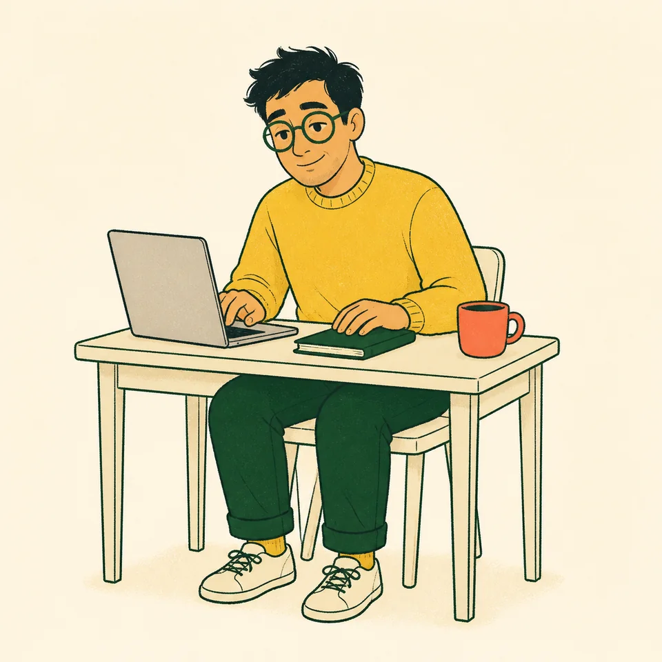 An illustrated man with round glasses working at a laptop, with a notebook and coffee beside him.
